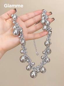 1pc Shiny Reflective Multi-Ball Braided Patchwork Necklace For Women, Minimalist Style, Personalized Party Outfit Accessory, Fashion Casual Vacation Collarbone Chain - Silver - View 8