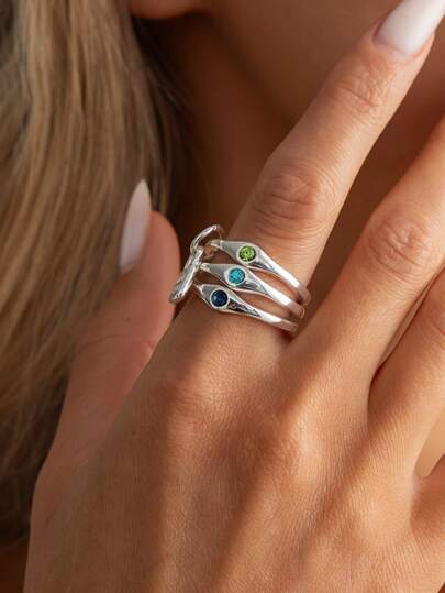3pcs/Set Cold Silver Wave Thin Ring With Artificial Colorful Rhinestone Lock Pendant Open Ring Set, Asymmetrical Minimalist Thin Finger Ring, Niche Cold Style Layered Accessories, Suitable For Commuting, Minimalist Outfit, Unisex Daily Versatile Wear