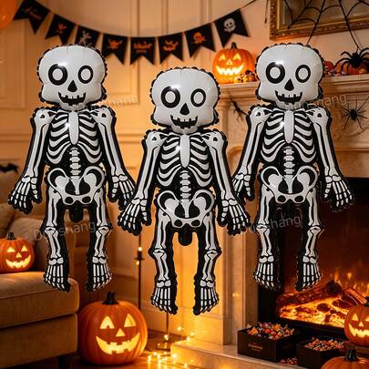 3pcs Halloween Skeleton Foil Balloon - Unique Skeleton Balloon, Perfect For Spooky Party Atmosphere, Trick Or Treat, Haunted House Decoration, Halloween Party Decor