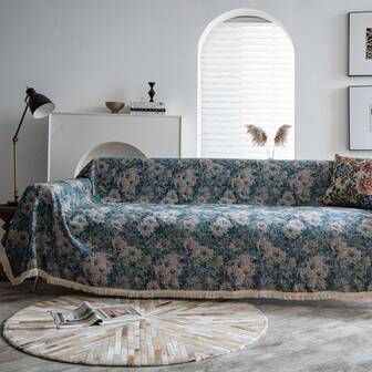 1pc Blue Oil Painting Style Jacquard Sofa Cover, Thick Sofa Throw With Tassels, Sofa Protector For Living Room Decor, Holiday Home Party, Bedroom, Office, All Season Home Decoration