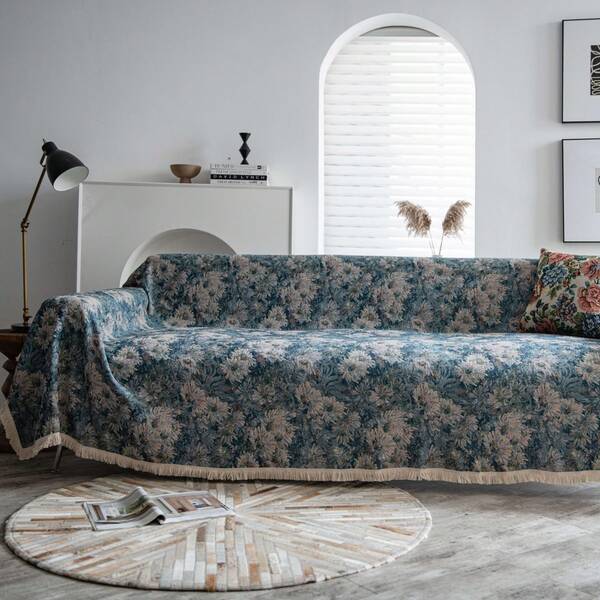1pc Blue Oil Painting Style Jacquard Sofa Cover, Thick Sofa Throw With Tassels, Sofa Protector For Living Room Decor, Holiday Home Party, Bedroom, Office, All Season Home Decoration
