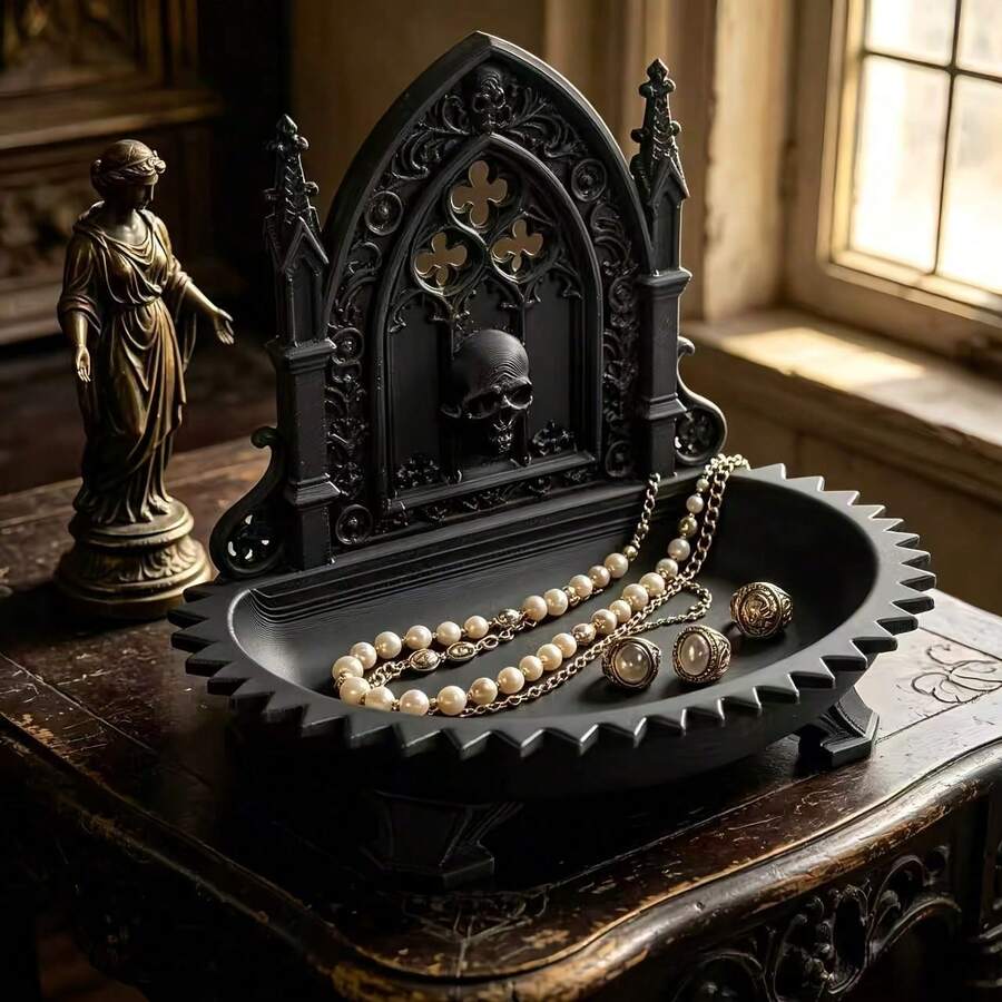 1pc Halloween Gothic Arch Church Skull Jewelry Storage Tray, Dark Aesthetic Carved Spire Detail Accessory Dish, Vintage Gothic Style Ring & Earring Holder, Suitable For Vanity, Entrance, Gothic Room And Halloween Decor - Multicolor - View 1