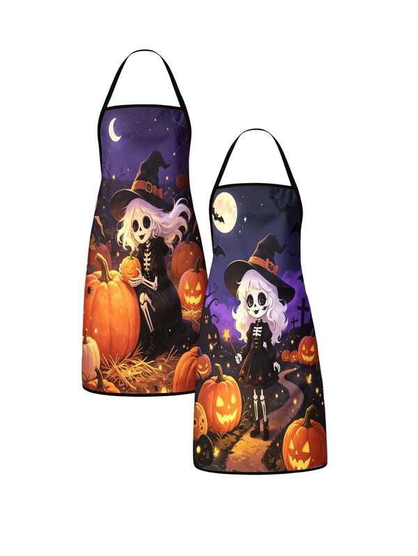 2Pcs Cute Halloween Ghost Black Cat Pumpkin Apron Set, Vintage Watercolor Jack O Lantern Bat Spooky "Happy Halloween" Pattern Kitchen Apron, Waterproof Oilproof Cooking Bib For Baking Grilling, Fall Home Kitchen Decor Halloween Party Gift