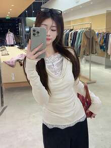 Draped Neck Pleated Long Sleeve Layered Lace Patchwork T-Shirt - Apricot - View 3