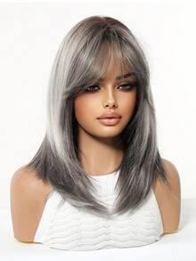 Topshe Ava WIGS 18英吋黑棕色長層次瀏海假髮，柔軟易打理合成纖維髮，適合女性日常配戴、上班、度假，亦適合作為萬聖節、聖誕節女性禮物 - 灰色 - 查看 5