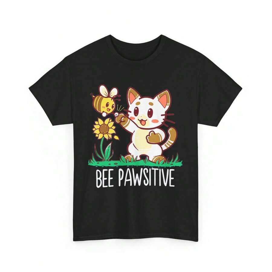 Funny White Cat T-Shirt| Bee&Amp; Cat| Bee Pawsitive Shirt - 黑色 - 查看 1
