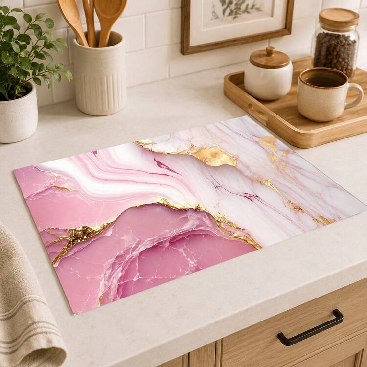 1pc Pink & White Gold Marble Pattern Diatomaceous Earth Kitchen Drain Mat, Fast-Absorbing Quick-Dry Non-Slip Coffee Machine Mat & Dish Drying Mat, Suitable For Kitchen Countertop And Dining Table - Multicolor - View 1