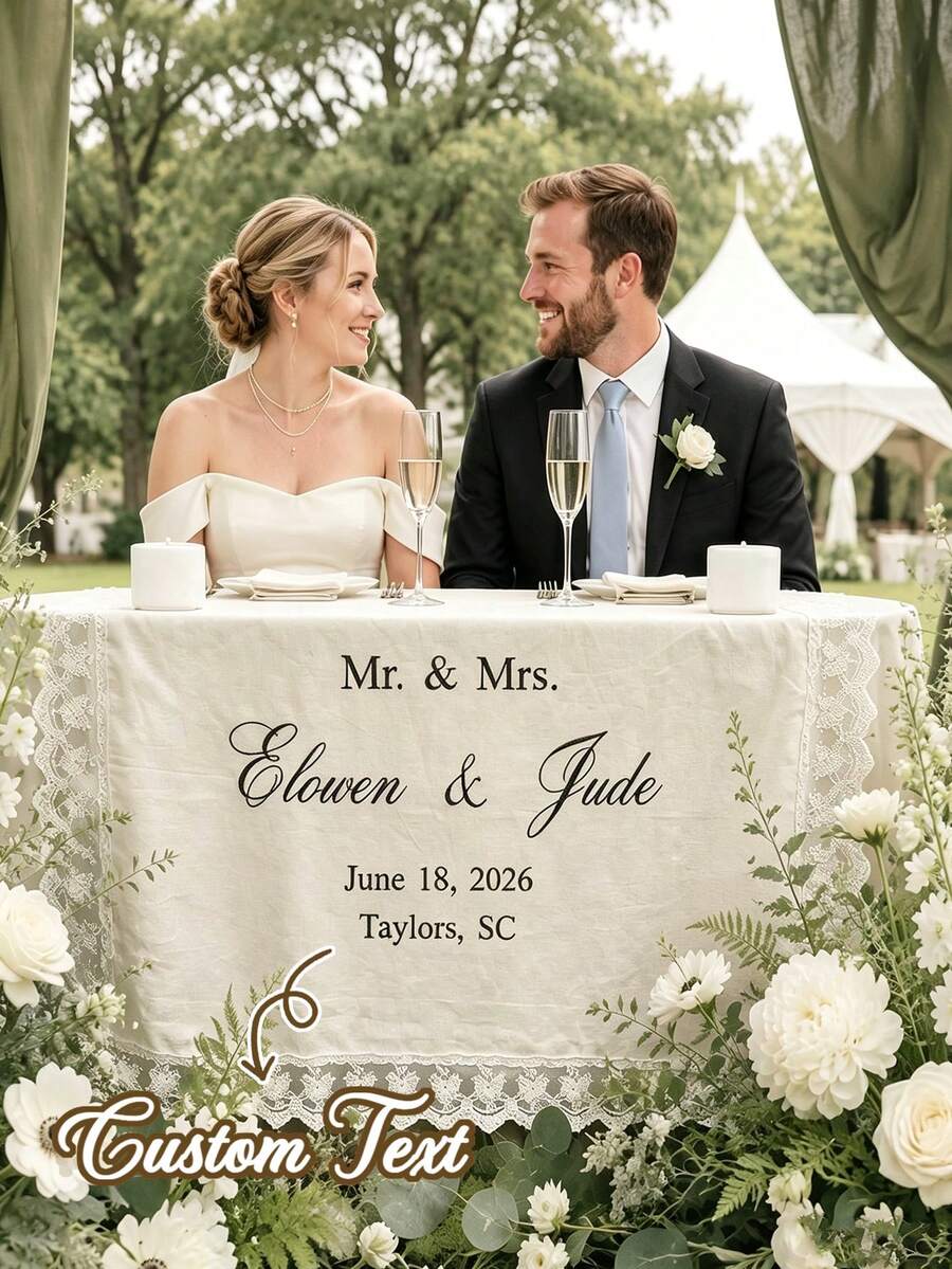Personalized Linen Table Runner With Floral Lace Trim, Handmade Custom Wedding Banner, Rustic Wedding Table Centerpiece Decor - Multicolor - View 1