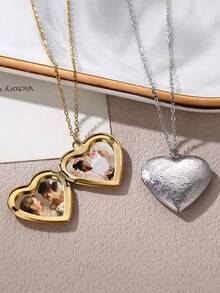 Custom Photo Heart-Shaped Stainless Steel Necklace Personalized Vintage Oval Heart Locket Can Hold 2 Photos Memorial Pendant Gift For Her Suitable For Mother's Day, Valentine's Day, Christmas, Birthday, Anniversary, Wedding, Thanksgiving, Best Friend Gift, Daily Wear Delicate Thin Chain Necklace, Women's Fashion Memorial Jewelry - Multicolor-style 1 - View 8