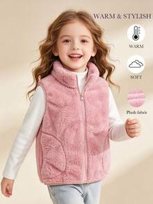 1pc Girls Casual Simple College Sweet Sporty Cute Lady Plush Warm Cold-Proof Half-High Collar Sleeveless Vest Open-Front Jacket Autumn/Winter - Pink - View 1