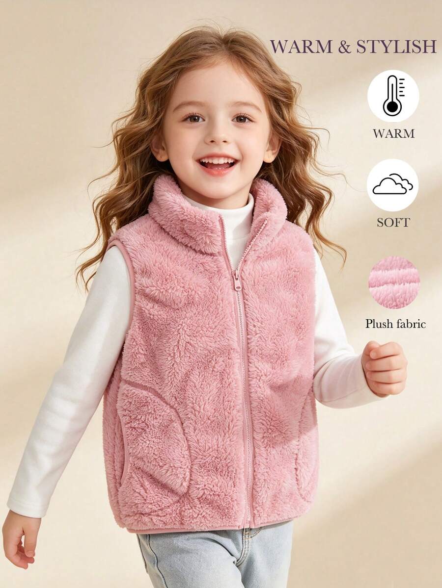 1pc Girls Casual Simple College Sweet Sporty Cute Lady Plush Warm Cold-Proof Half-High Collar Sleeveless Vest Open-Front Jacket Autumn/Winter - Pink - View 1