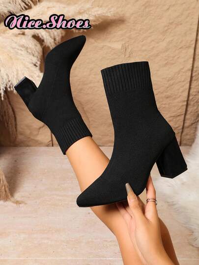 2026 New Elegant Fashion Chunky Heel Pointed Toe Boots, Elastic Slim Sock Boots, High Heel Ankle Boots For Spring, Autumn, Winter, All Seasons