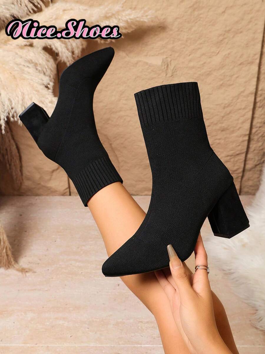 2026 New Elegant Fashion Chunky Heel Pointed Toe Boots, Elastic Slim Sock Boots, High Heel Ankle Boots For Spring, Autumn, Winter, All Seasons