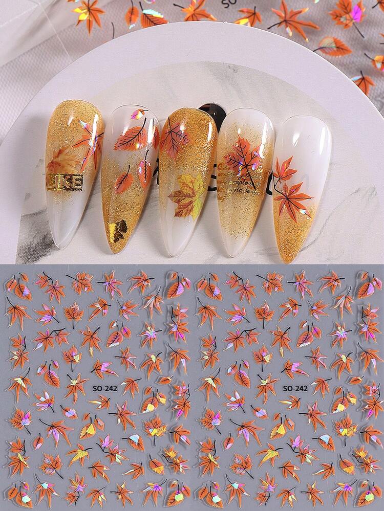 2張3D雷射楓葉美甲貼紙，橘紅色秋葉設計，自黏式美甲貼花，優雅感恩節假期與日常美甲DIY裝飾 - 彩色 - 查看 6
