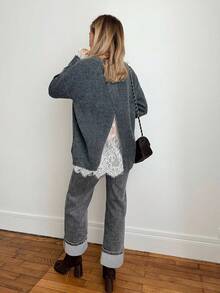Sweater Kasual Wanita Kerah Renda dengan Warna Polos dan Benang Bercorak untuk Musim Gugur - Grey - View 1