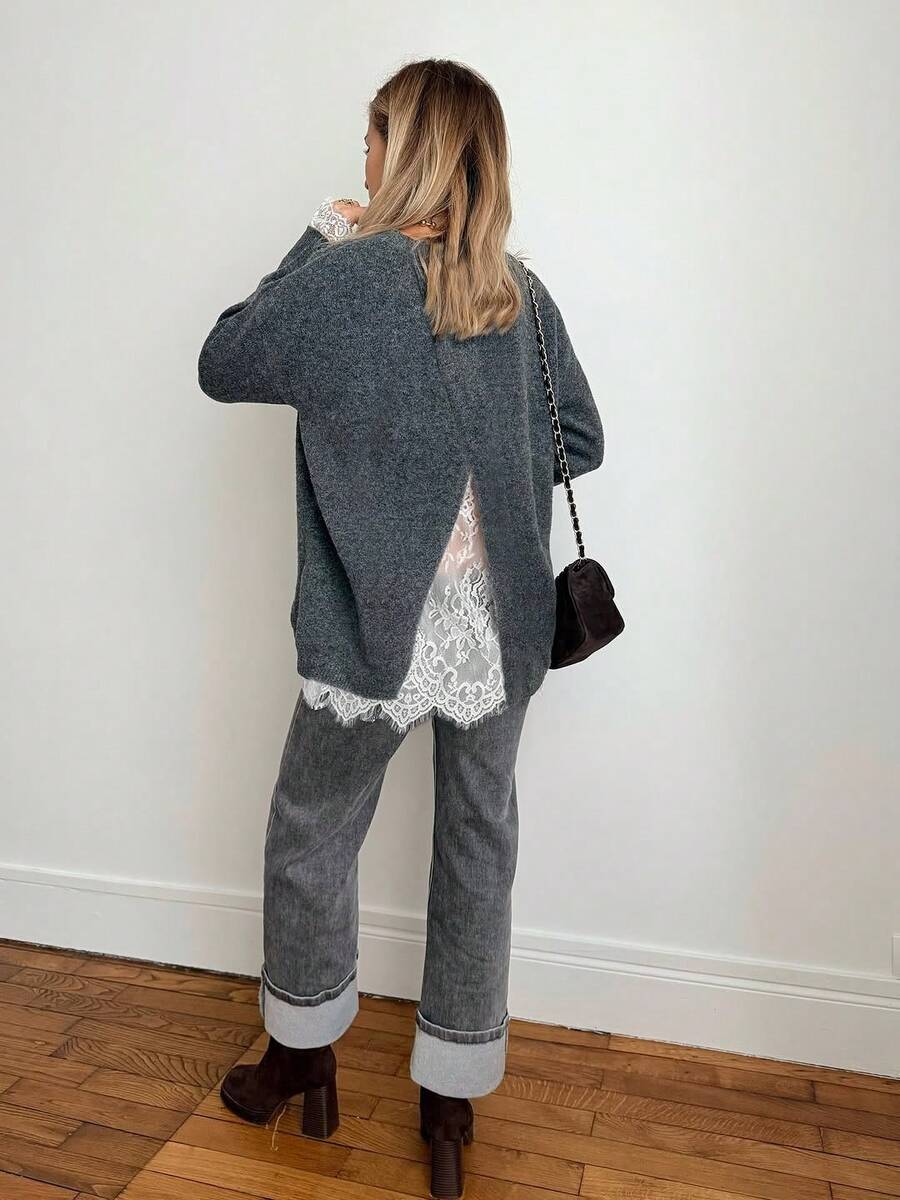 Sweater Kasual Wanita Kerah Renda dengan Warna Polos dan Benang Bercorak untuk Musim Gugur - Grey - View 1