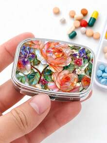 1pc Portable Floral Printed Pill Case, Mini 2 Grid Divided Medicine Tablet Storage Box, Vintage Flower Pattern Metal Pill Container For Pocket Purse Travel Daily Vitamin Organizer Gift For Women - Multicolor - View 14
