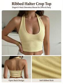 Women's Ribbed Knit Halter Neck Crop Top, Backless Slim Fit Sleeveless Scoop Neck Tank Top For Summer, Party, Vacation And Casual Wear - Yellow - View 4