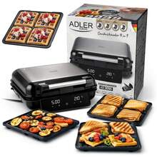 ADLER AD 3096 四合一三明治機，功率 2200 瓦，多功能烤麵包機，配備 4 個可互換不沾烤盤、接觸式烤架、華夫餅機、三角形烤盤、LED 觸控顯示器、120-210°C 可調溫度、定時器和垂直收納功能。 - 查看 1