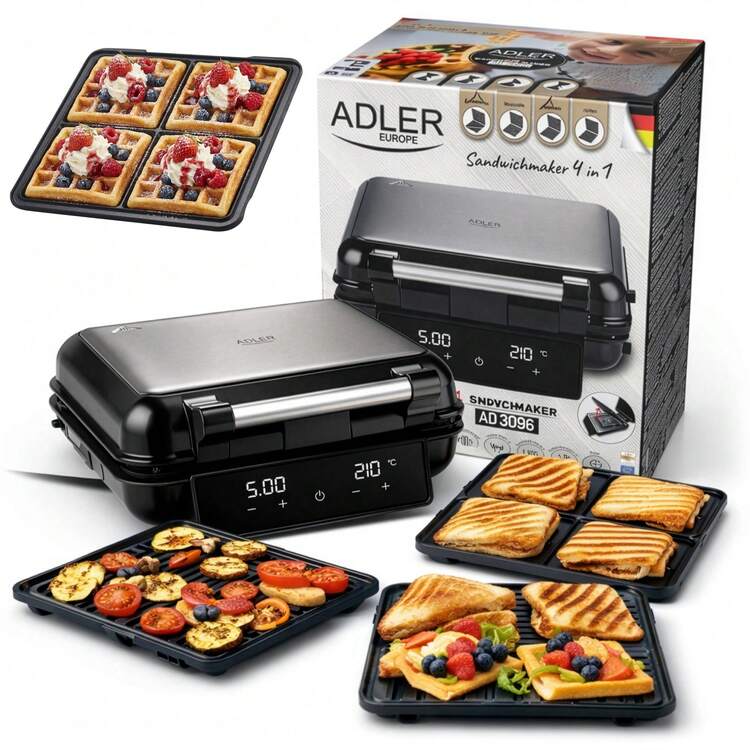 ADLER AD 3096 4-In-1 Sandwich Maker 2200W, Multifunctional Toastie Maker With 4 Interchangeable Non-Stick Plates, Contact Grill, Waffle Maker, Triangle Toast Plates, LED Touch Display, Adjustable Temperature 120-210°C, Timer And Vertical Storage - EU E Type Plug(220-240V) - View 1