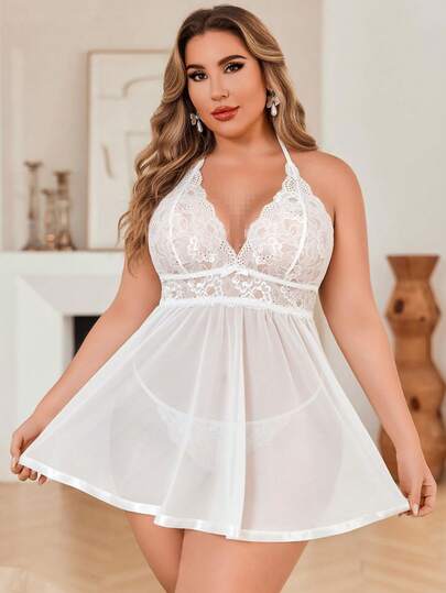DITZN Camisón sexy de talla grande, lencería de talla grande para mujer, camisón de encaje con botones, camisón transpirable de verano (incluye tanga)