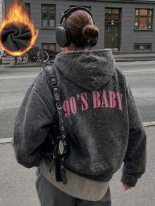 秋冬新款女款極簡時尚數位字母印花連帽保暖內裡衛衣，黑色紮染休閒衛衣 - 黑色 - 查看 2
