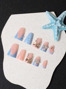 24pcs 3D Duck Foot Square French Press-On Nails, Light Blue Swirl Star Rhinestone Design, Sweet Cool Y2K Style Fake Nails, Suitable For Daily Commute, Date, Party, Includes Nail File + Jelly Glue - Mint Green - View 2
