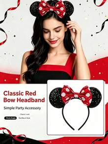 Disney Classic Minnie Mouse Ear Headband, Black Sequin Red & White Polka Dot Bow, Versatile Hair Accessory For Theme Park Travel & Photo - View 2