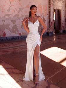 ADYCE Sleeveless Pleated Front Satin Split Back Bodycon Cami Maxi Dress For Party Club - White - View 7