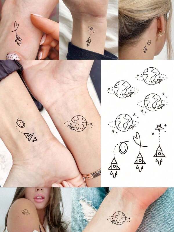 Small Body Art Temporary Tattoo Sticker, Unisex, Cartoon Style Line Starry Sky Spaceship Pattern, Waterproof Fake Tattoo, Last 2-5 Days, Can Be Used For Arms, Wrists, Shoulders, Legs, Neck, Hands, Chest, Thighs, Fingers, Ankle