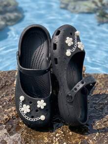 Women's Black EVA Mary Jane Style Clogs, 2-Way Wear Slip-On Sandals With Pearl Flower Decor And Chain, Summer Casual Shoes - Black - View 2