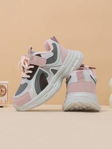 Girls' Light Gray, Pink & Brown Colorblock Magic Tape Lace-Up Chunky Sneakers, Simple Patchwork Kids' Shoes, Suitable For All-Season Outings And Daily Wear - Pink - View 7