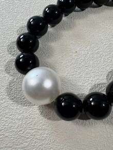 1pc French Minimalist Elegant Black & White Contrast Acrylic Beaded Faux Pearl Necklace, Versatile Jewelry Gift For Women - 31979-nek-black-eP - View 8
