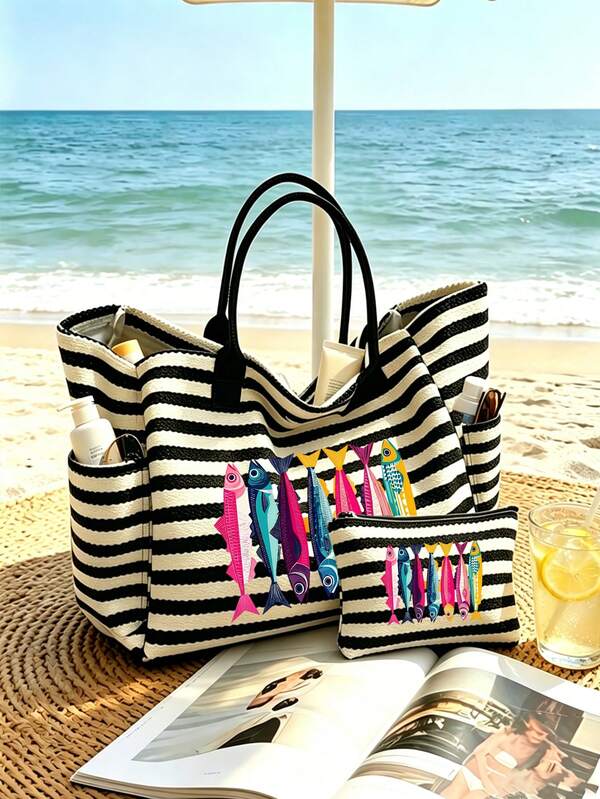 1/2pcs Striped Tote Bag & Cosmetic Bag Set, Printed With "Little Fish" Pattern. Large Capacity Fashion Beach Bag. Minimalist And Stylish Design, Spacious And Versatile, Suitable For Commuting, Vacation, Travel, Daily Use And Shopping, Ideal Gift For Friends And Family.