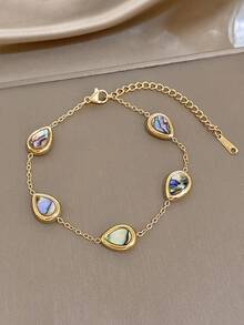Conjunto de pulsera de cadena con cuentas de calabaza y gota de agua de concha de abalón minimalista, cadena de acero inoxidable apilable para mujer, regalo de joyería para cumpleaños, uso diario y fiestas - Multicolor - Ver 10
