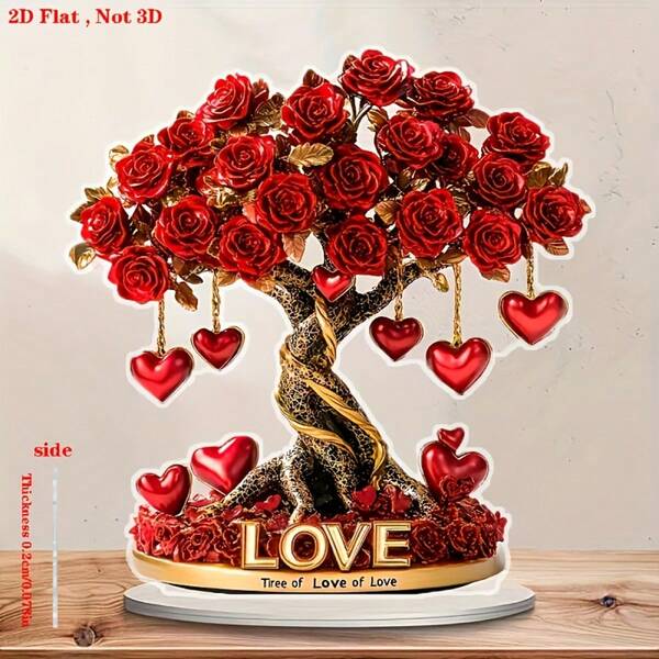 An Elegant 2D Flat Crystal Heart-Shaped Rose Tree Decoration, Bohemian Style, Crystal Design, With Gold Base Label "Tree Of Love", Suitable For Living Room, Bedroom And Desk