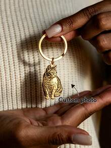 Custom Engraved Pet Photo Keychain, Personalized Dog Portrait Stainless Steel Gold Plated Memorial Key Ring Gift - Pet Keychains - View 2