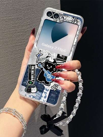 1PC Fashion Matte PC Material Simple And Cute Music Cool Cat ElementFolding Phone Case, Paired With Same Color Bracelet, Can Protect And Prevent Falling For: SamsungGalaxy Zflip 3/Zflip 4/Zflip 5/Zflip 6/Zflip 7/Zflip 8/ Razr 60/ Razr 50/ Razr 70/Galaxy Z Flip7 FE