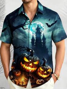 Halloween Pumpkin Castle & Bat Print Men's Plus Size Button-Up Short Sleeve Holiday Shirt - Cadet Blue - View 1