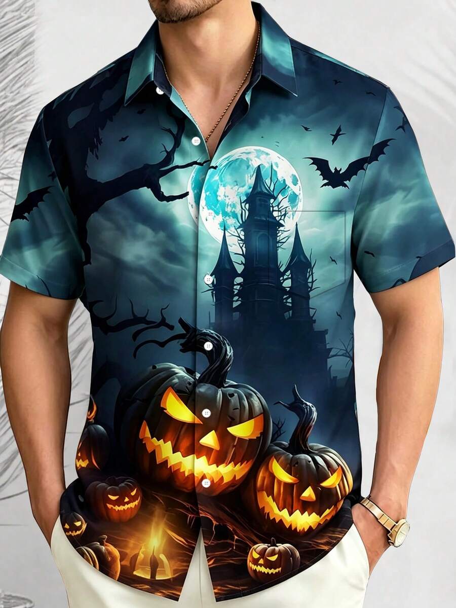 Halloween Pumpkin Castle & Bat Print Men's Plus Size Button-Up Short Sleeve Holiday Shirt - Cadet Blue - View 1
