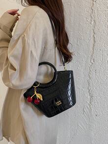 Mini Crocodile Pattern Handbag Cherry Pendant Crossbody Bag - Black - View 4