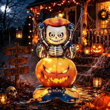 1pc Large Base Halloween Skeleton Pumpkin Balloon, Standing Skeleton Pumpkin Balloon, Suitable For Halloween Decoration, Birthday, Trick Or Treat, Horror Theme Atmosphere Decor, Room Decoration, Skeleton Outdoor Decor - Multicolor - View 1