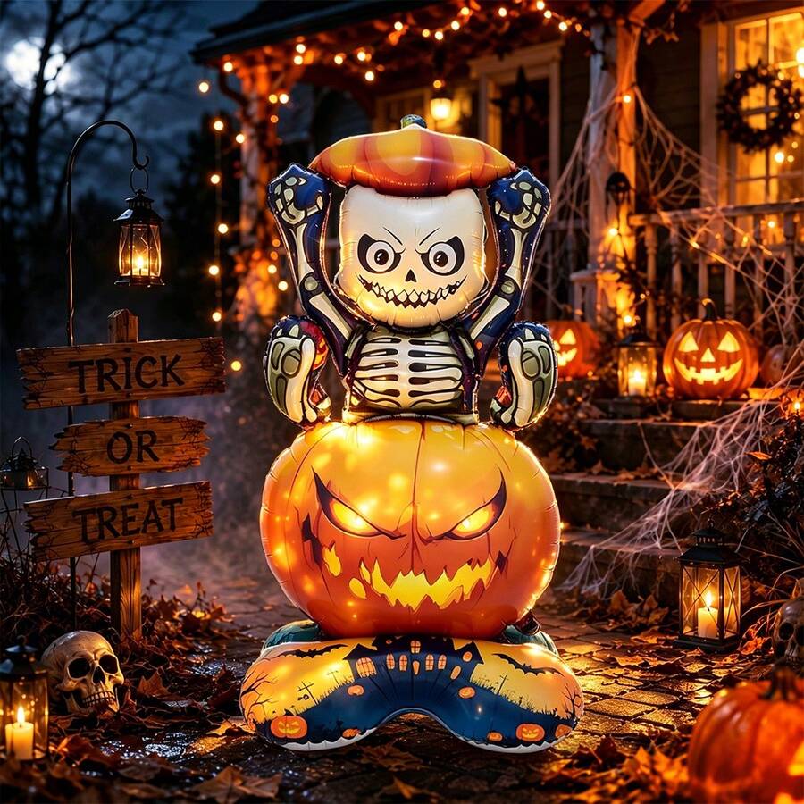 1pc Large Base Halloween Skeleton Pumpkin Balloon, Standing Skeleton Pumpkin Balloon, Suitable For Halloween Decoration, Birthday, Trick Or Treat, Horror Theme Atmosphere Decor, Room Decoration, Skeleton Outdoor Decor - Multicolor - View 1