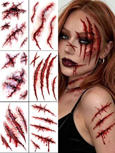 6pcs Realistic Blood-Colored Stitch Scar Temporary Tattoo Stickers, Waterproof Sweat-Resistant Horror Fake Wound Tattoo Decals, Halloween Cosplay Party Body Art Stickers, Suitable For Men And Women