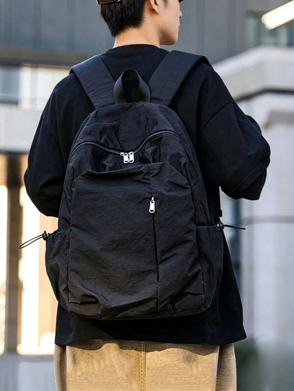Black Nylon Backpack Men's Outdoor Leisure Commuting Backpack,Large Capacity Compartment Computer Bag,Waterproof And Wear-Resistant Student Backpack