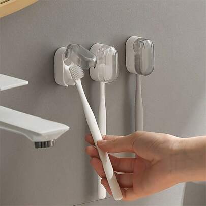 2pcs Self-Adhesive Wall-Mounted Toothbrush Holders With Dust-Proof Cover, No-Drill Bathroom Storage Rack For Electric/Manual Toothbrushes, Space-Saving Bathroom Accessory