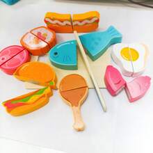Mainan Dapur Kayu, Set Dapur Bermain Peran, Permainan Memasak Simulasi, Termasuk Memotong Buah dan Sayuran Realistis, Penuh Keseruan - MultiWarna - View 3