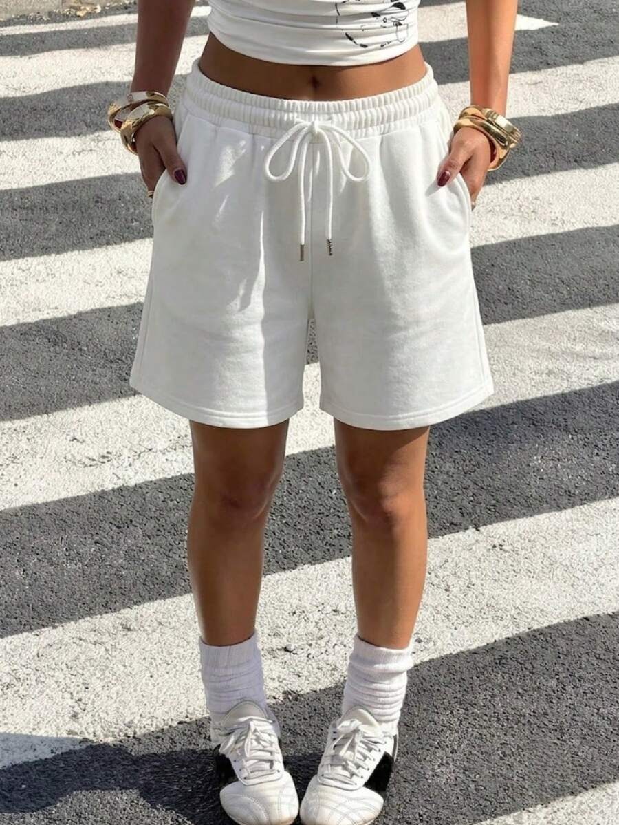Summer New Women's Casual 5-Point Shorts, Versatile Shorts With Pockets, Drawstring Design, Elastic Waist Casual Pants For Women - White - View 1