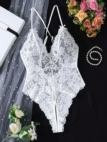 1件白色蕾絲刺繡露背連身褲，柔軟親膚前開襟長褲 - 白色 - 查看 4