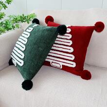 1pc Christmas Pom Pom Pillow Case, Red & Green Christmas Tree Embroidered Pattern Decorative Cushion Cover, Winter Holiday Home Sofa Soft Decor, Pillow Insert Not Included - Green - View 3